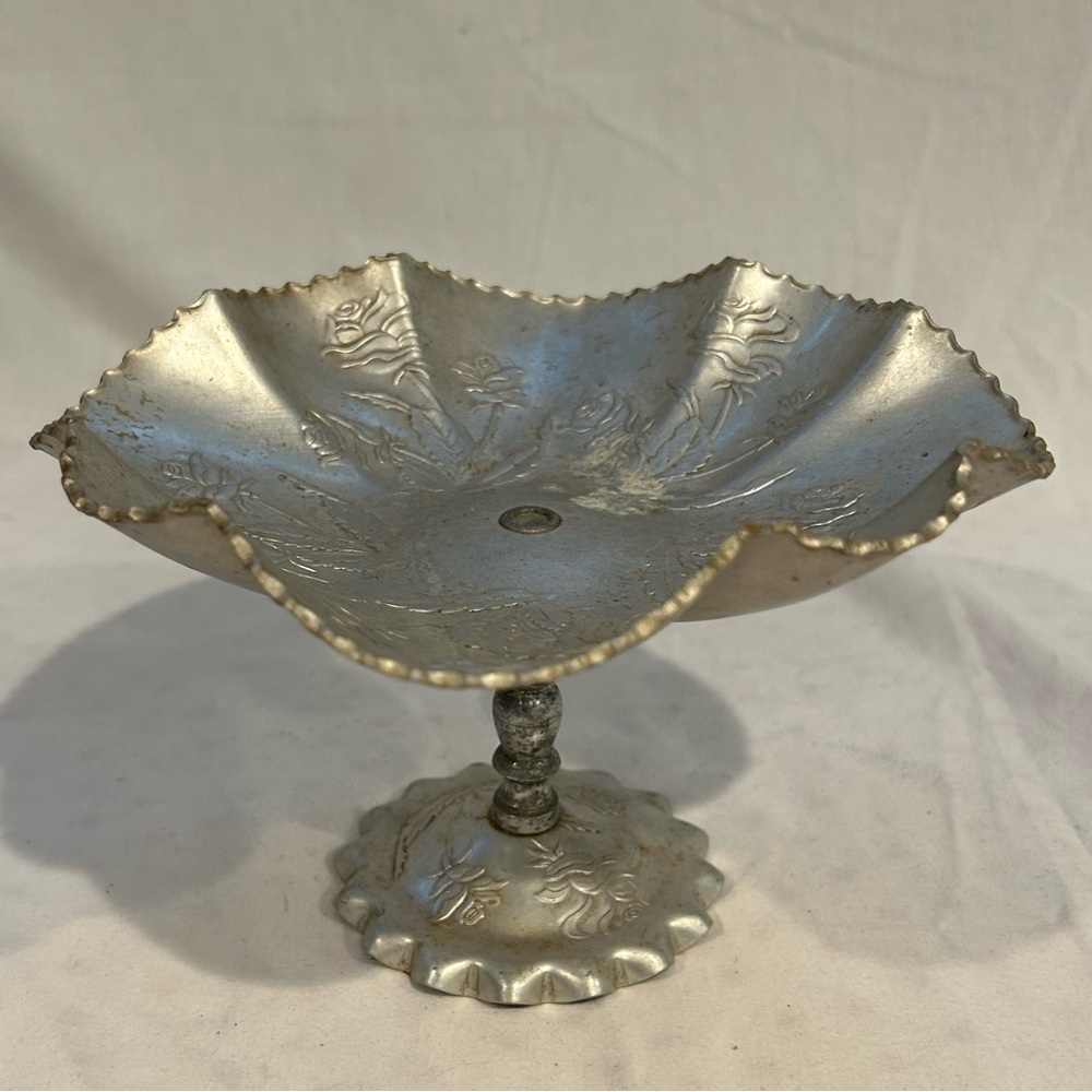 Vintage Farber and Shlevin wrought aluminum rose pedestal serving dish, cottage